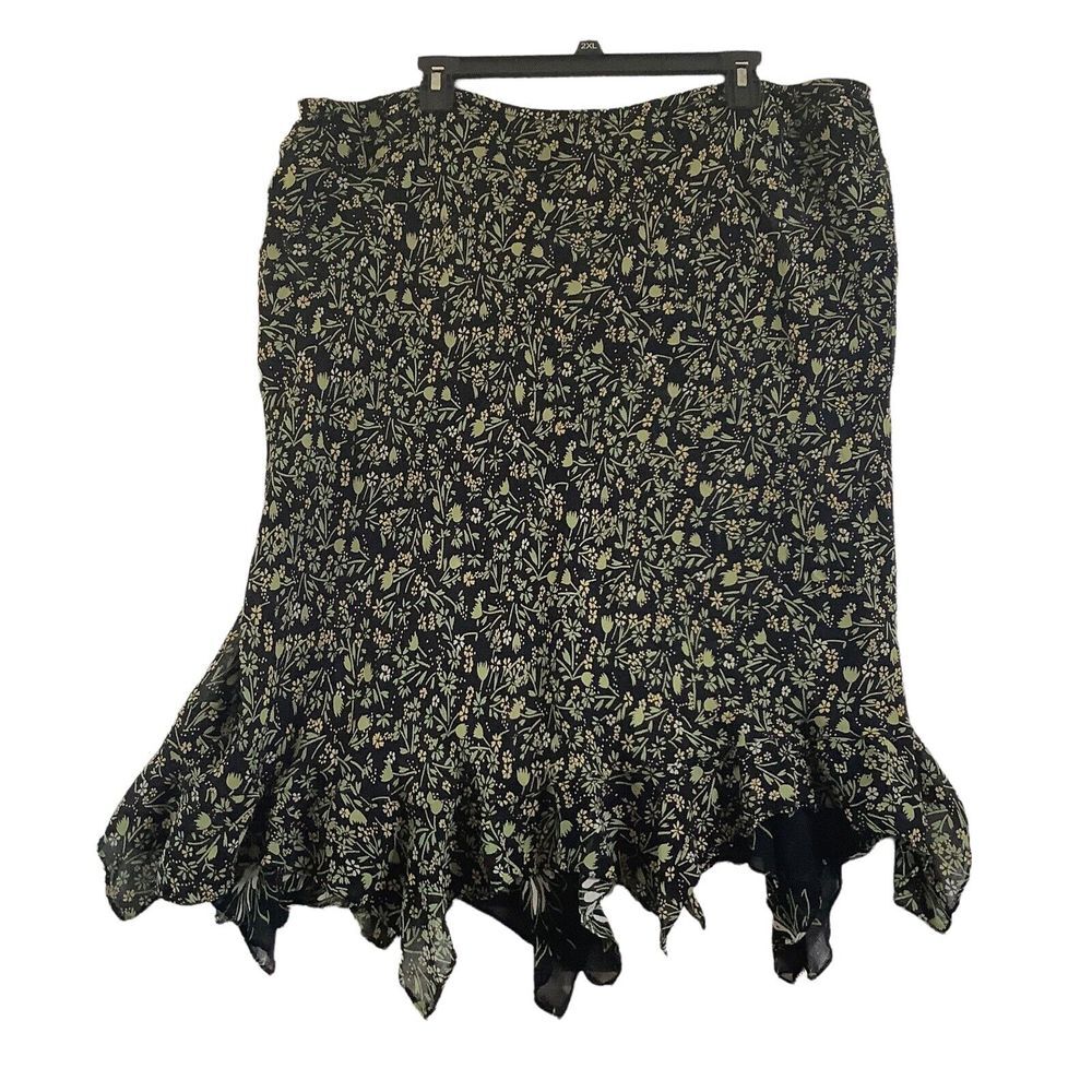 JM Jennifer Moore Skirt Black Green White Floral Reversible Handkerchief Hem